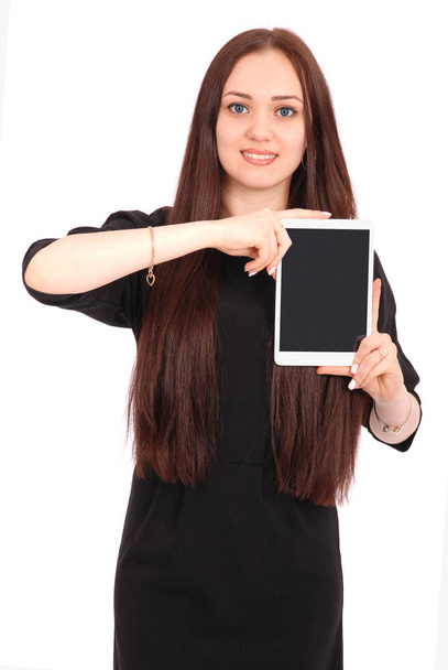 Boldog diák tizenéves lány, tábla-PC - Fotó, kép