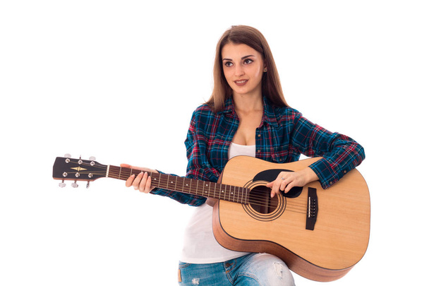 young brunette girl with guitar - Zdjęcie, obraz