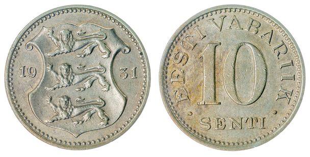 10 Senti 1931 Münze isoliert auf weißem Hintergrund, Estland - Foto, Bild