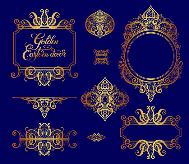 set of floral golden eastern decor frame elements, paisley patte - Vektor, Bild