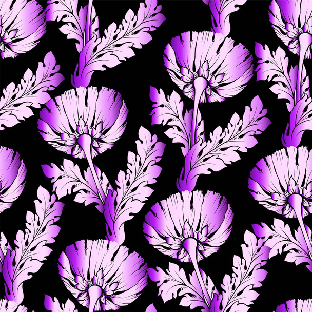 Tuin bloemen op zwart. Naadloze, handgeschilderd, zachte kleurovergang patroon. Vector achtergrond kan worden gebruikt als achtergrond of in textielontwerp - Vector, afbeelding