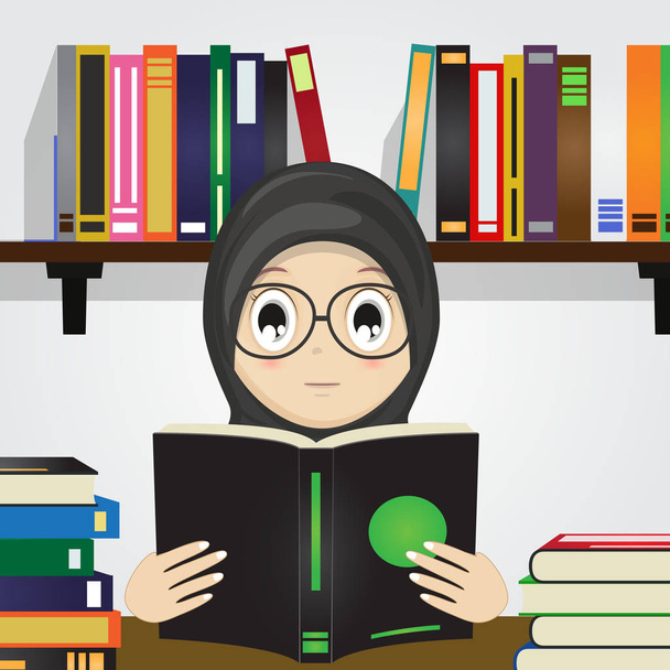 Γελοιογραφία της μουσουλμανική κορίτσι διαβάζοντας ένα βιβλίο. - Διάνυσμα, εικόνα