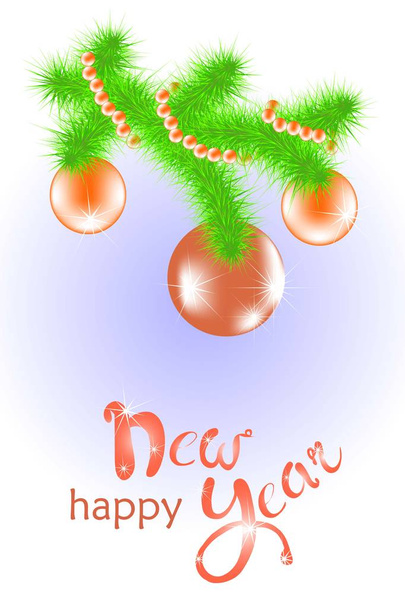 Felicitatie kaart Happy New Year, hand tekenen rode letters, ballen, groene tak kerstboom, voorraad vectorillustratie - Vector, afbeelding