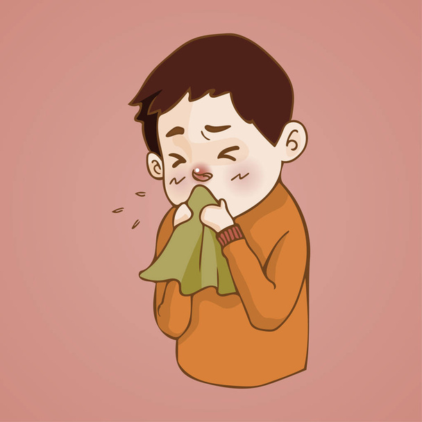 У больного насморк, простудился. чихание в ткань, грипп, сезон аллергии
 - Вектор,изображение
