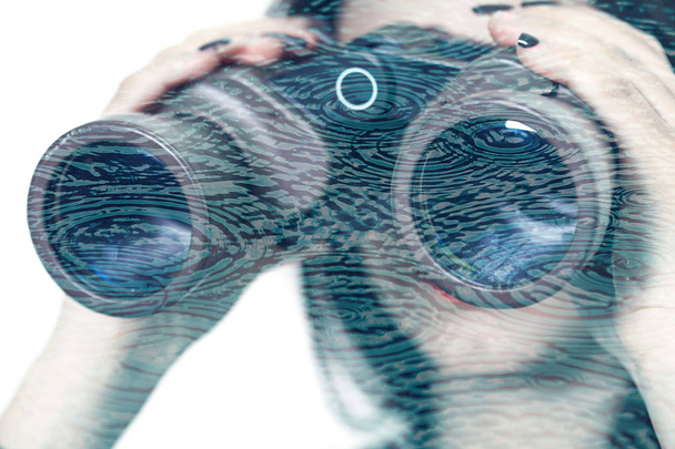 Double exposure of girl looking through binoculars and rain circles - Foto, Imagem