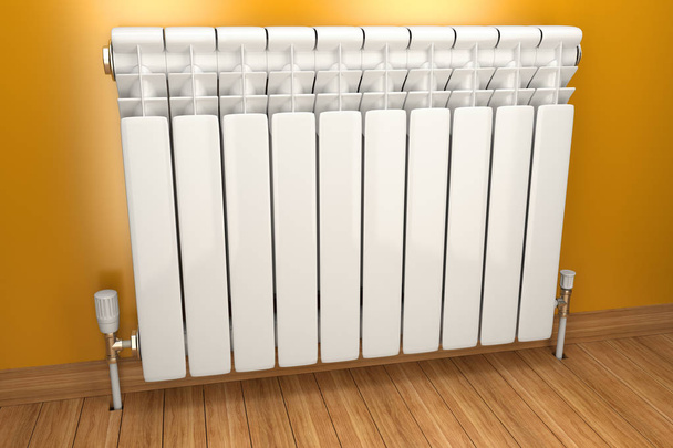 Aquecedor radiador na parede amarela em casa. Imagem 3d
 - Foto, Imagem
