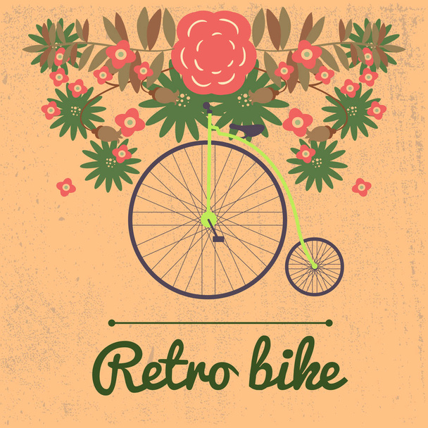 vector illustration of retro Bicycle on a big wheel surrounded b - Vector, Image