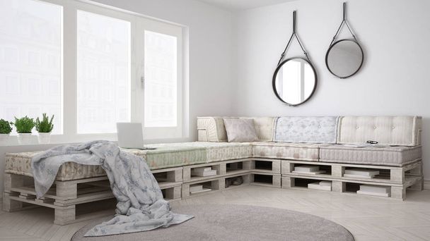 sofá de la plataforma de bricolaje, escandinava vida blanca, interior desig - Foto, Imagen