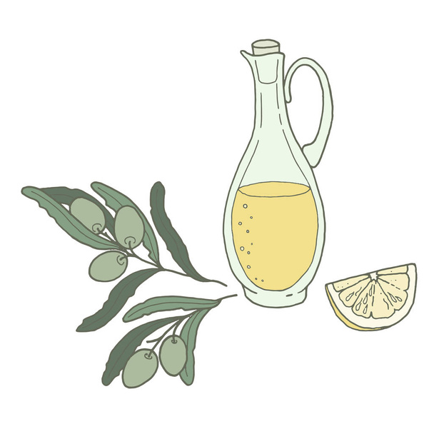 Отделение с оливками, ломтиками лимона и стеклянной бутылкой оливкового масла премиум-класса на белом фоне
 - Вектор,изображение