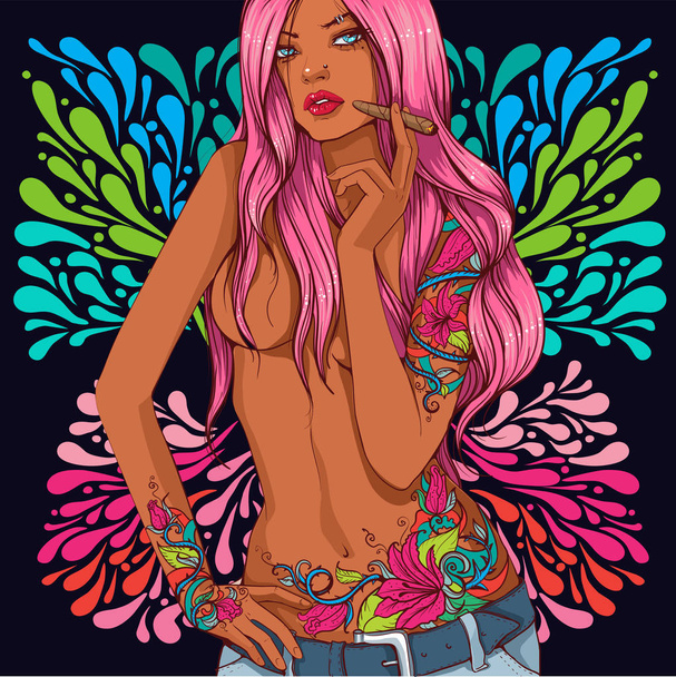 Дівчина-метелик з довгим рожевим волоссям татуювання
 - Вектор, зображення