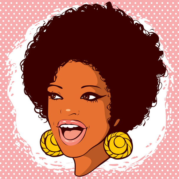Αφρικανικός-αμερικανική γυναίκα με τα μαλλιά σε στιλ ντίσκο και χαμόγελο - Διάνυσμα, εικόνα