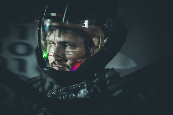space man with metallic helmet and laser beam weapon - Foto, Imagem
