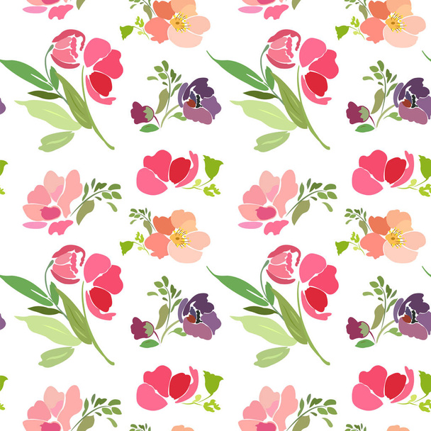 Seamless pattern with bright flowers and leaves on a white background - Vector, Imagen