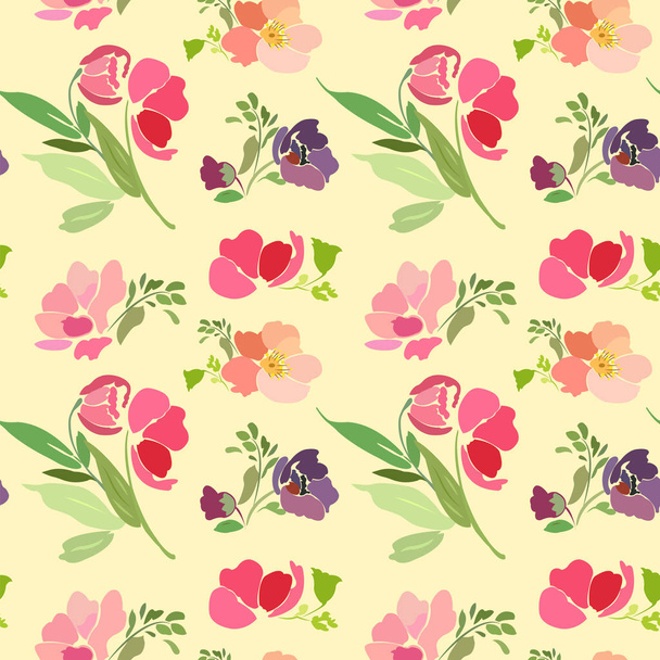 Seamless pattern with abstract flowers and leaves on a yellow background. - Διάνυσμα, εικόνα