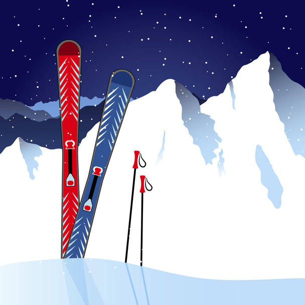 Skis and ski poles in the snow - Vector, Image