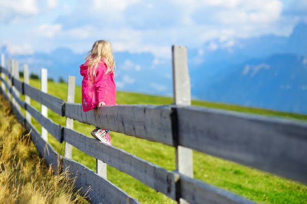 Little girl sitting on wooden fence  - Foto, imagen