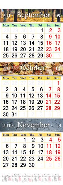calendar for September October November 2017 with colored pictures - Photo, Image