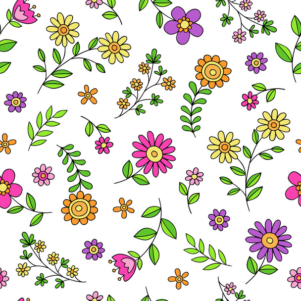 Groovy Flower Doodles Seamless Repeat Pattern Vector - Vector, Imagen