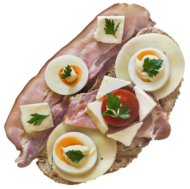 Cheese Pork Gammon Egg And Mayonnaise Sandwich with extra Belly Bacon Rasher And Cherry Tomato Isolated On White Background - Photo, Image