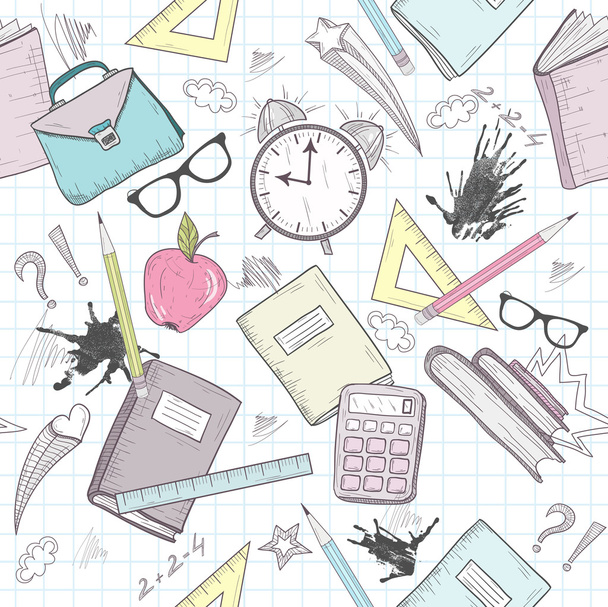 Cute school abstract pattern. Seamless pattern with alarm clock - Vector, Image
