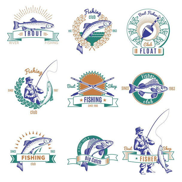 Fishing Colorful Labels Set - Vector, afbeelding