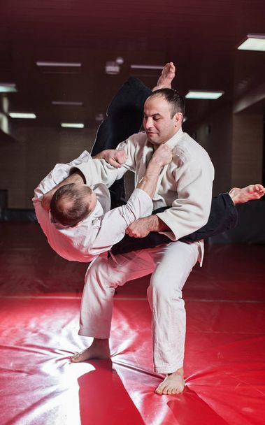 Two karate fighters showing technical skill while practicing - Photo, Image