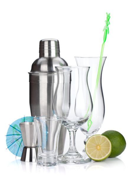 Cocktail shaker, glasses, utensils and lime - Photo, Image
