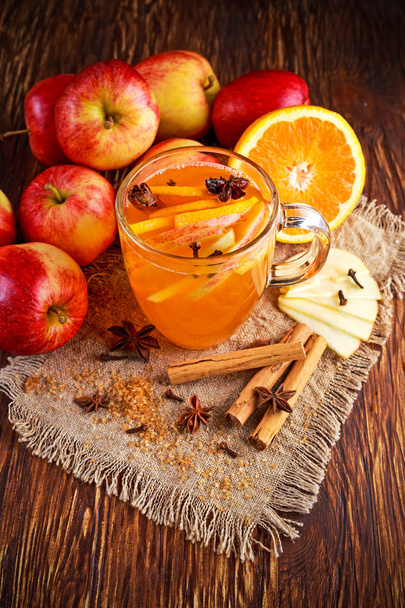 Hot Mulled apple cider with cinnamon, cloves, anise and Orange - Photo, Image