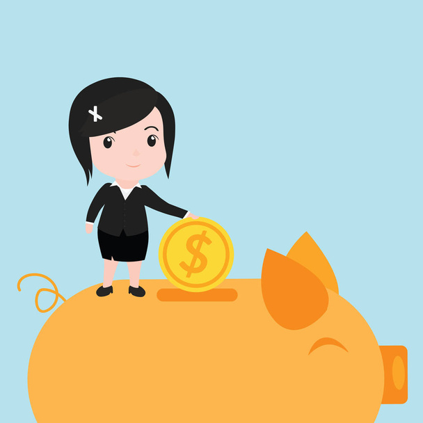 Mujeres de negocios poniendo moneda en alcancía, dibujos animados
 - Vector, Imagen