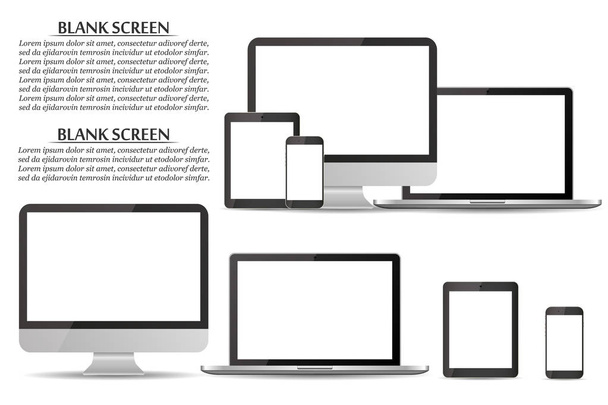 Set of blank screens. Computer monitor, laptop, tablet, smartphone - Vector, Image