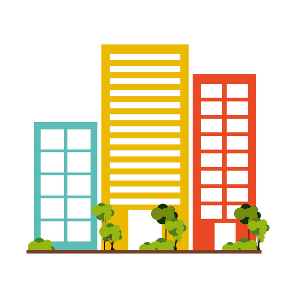 silhouette colorful with buildings and trees on the sidewalk - Vector, Image
