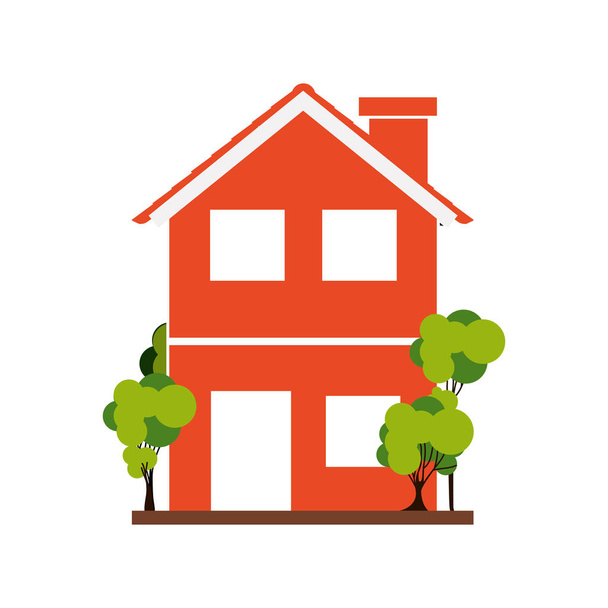 silhueta com casa laranja de dois andares com árvores
 - Vetor, Imagem