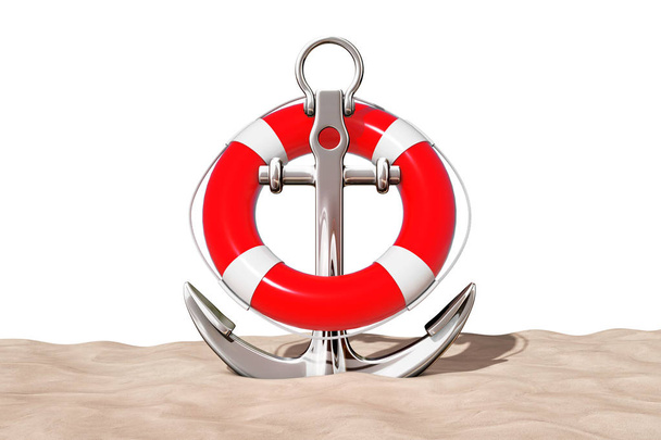 Nautical Anchor with Lifebuoy on the Sand Sunny Beach. 3d Render - Photo, Image