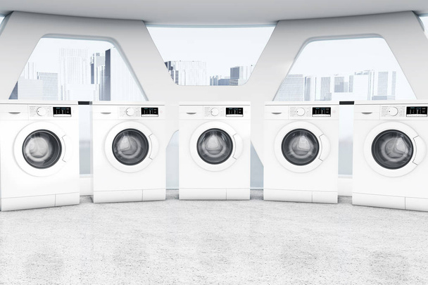 Řada průmyslových moderní pračky v veřejná prádelna. - Fotografie, Obrázek