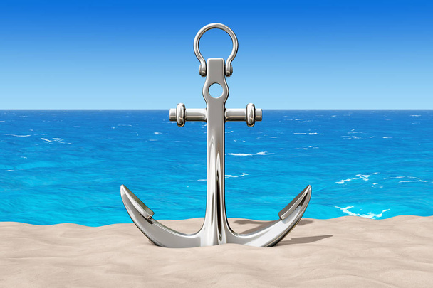 Nautical Anchor on the Sand Sunny Beach. 3d Rendering - Photo, Image