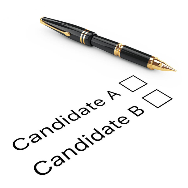 Concepto de encuesta. Candidato A o B Lista de verificación con fuente dorada
  - Foto, Imagen