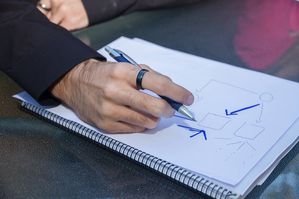Giovane imprenditore che scrive un diagramma su un foglio bianco di un quaderno sulla terrazza
. - Foto, immagini