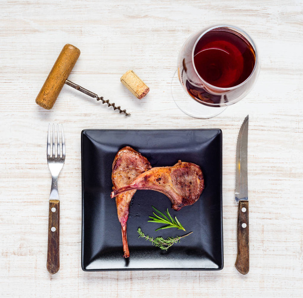 Lamb Chops with Glass of Red Wine - Fotoğraf, Görsel