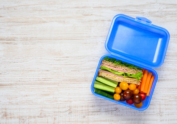 Copy Space of Blue Lunch Box with Food - Fotoğraf, Görsel