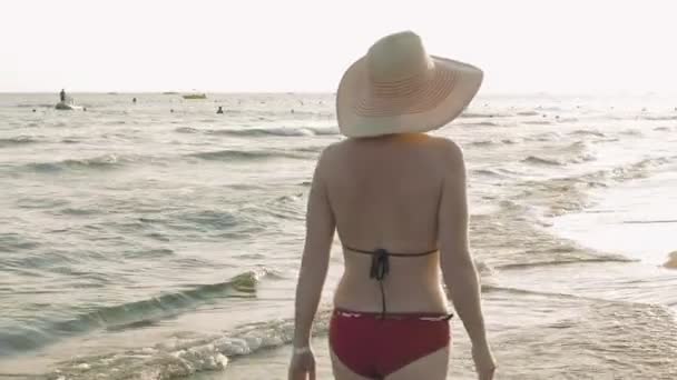 日没の夜明けにビーチを歩いて女性 - 映像、動画
