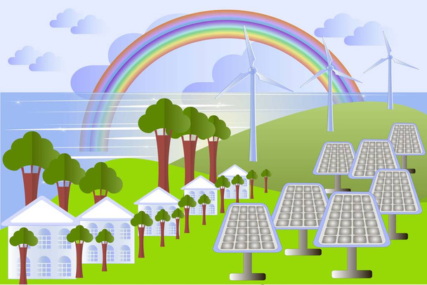 Zelené město krajiny solárními panely, větrné energie, budovy, stromy, vektorové ilustrace - Vektor, obrázek