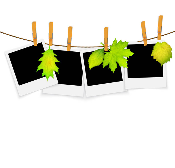 Fotorahmen auf Seil mit Wäscheklammern und grünem Blättervektor  - Vektor, Bild