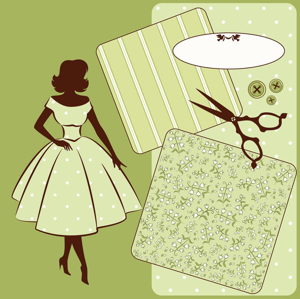Vintage sewing elements with woman's silhouette on the background - Fotografie, Obrázek