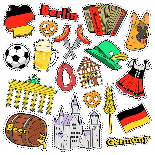 Németország utazás Scrapbook matricák, javítások, jelvények, nyomatok, kolbásszal, zászló, építészet és német elemek. Képregény stílus vektor firka - Vektor, kép
