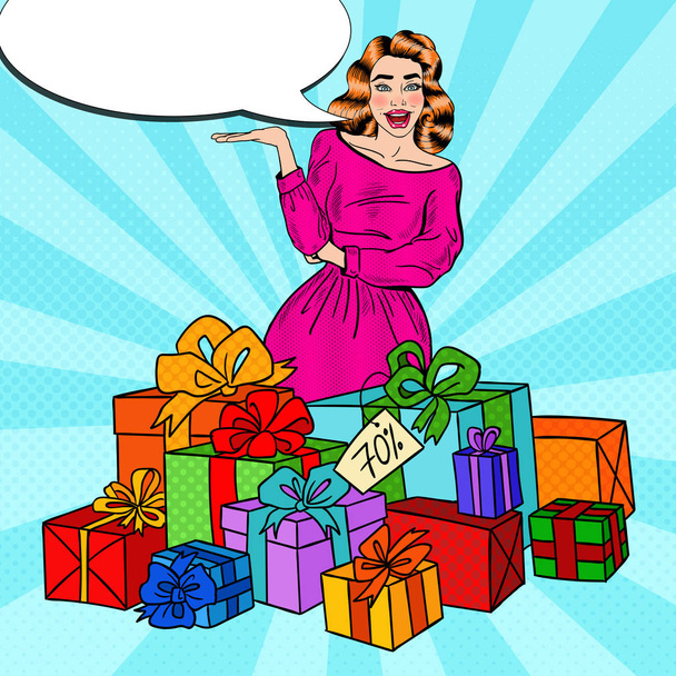 Pop Art femme surprise avec d'énormes boîtes-cadeaux. Illustration vectorielle
 - Vecteur, image