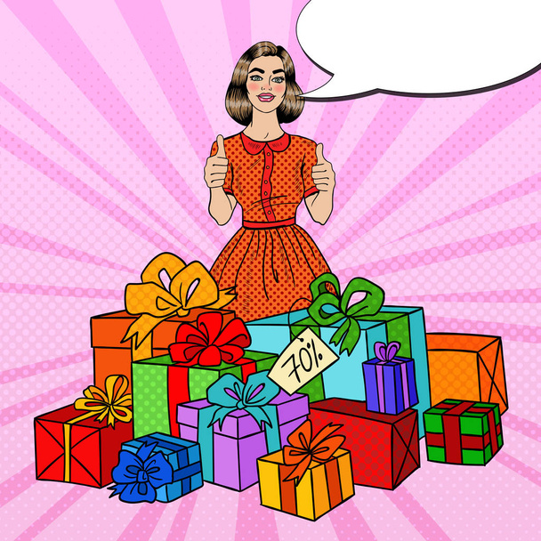 Arte pop hermosa mujer con enormes cajas de regalo y pulgares hacia arriba. Ilustración vectorial
 - Vector, imagen