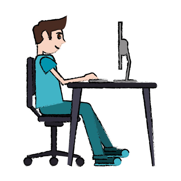 cartoon man sitting using laptop on desk design - Vector, Image