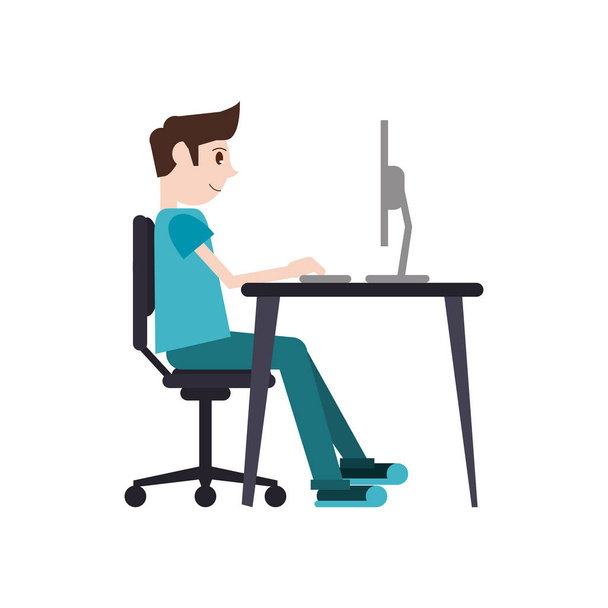mies istuu kannettavan tietokoneen työpöydällä suunnittelu
 - Vektori, kuva