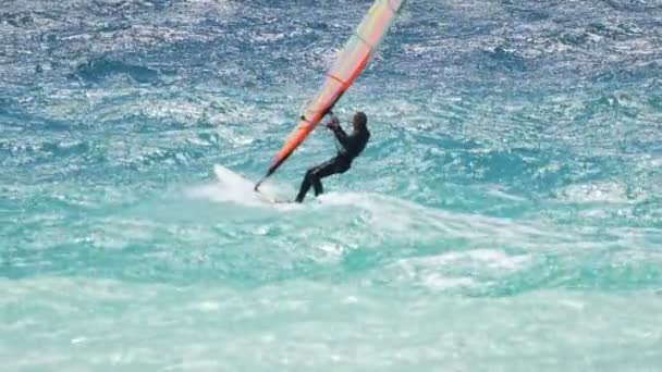 Windsurfer ολίσθηση σε κύματα σε μια ηλιόλουστη καλοκαιρινή μέρα, επαγγελματικό αθλητισμό, χόμπι - Πλάνα, βίντεο