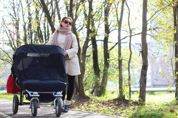 Parktaki kız bebek arabasıyla - Fotoğraf, Görsel